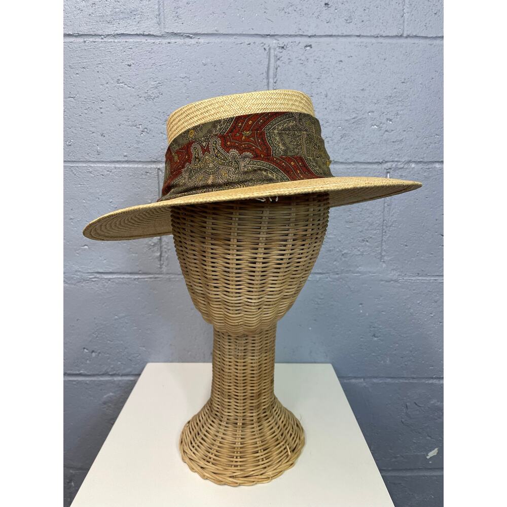 Vintage 1980s Natural Straw Fedora Sun Hat Bloomingdales Italy Silk Paisley